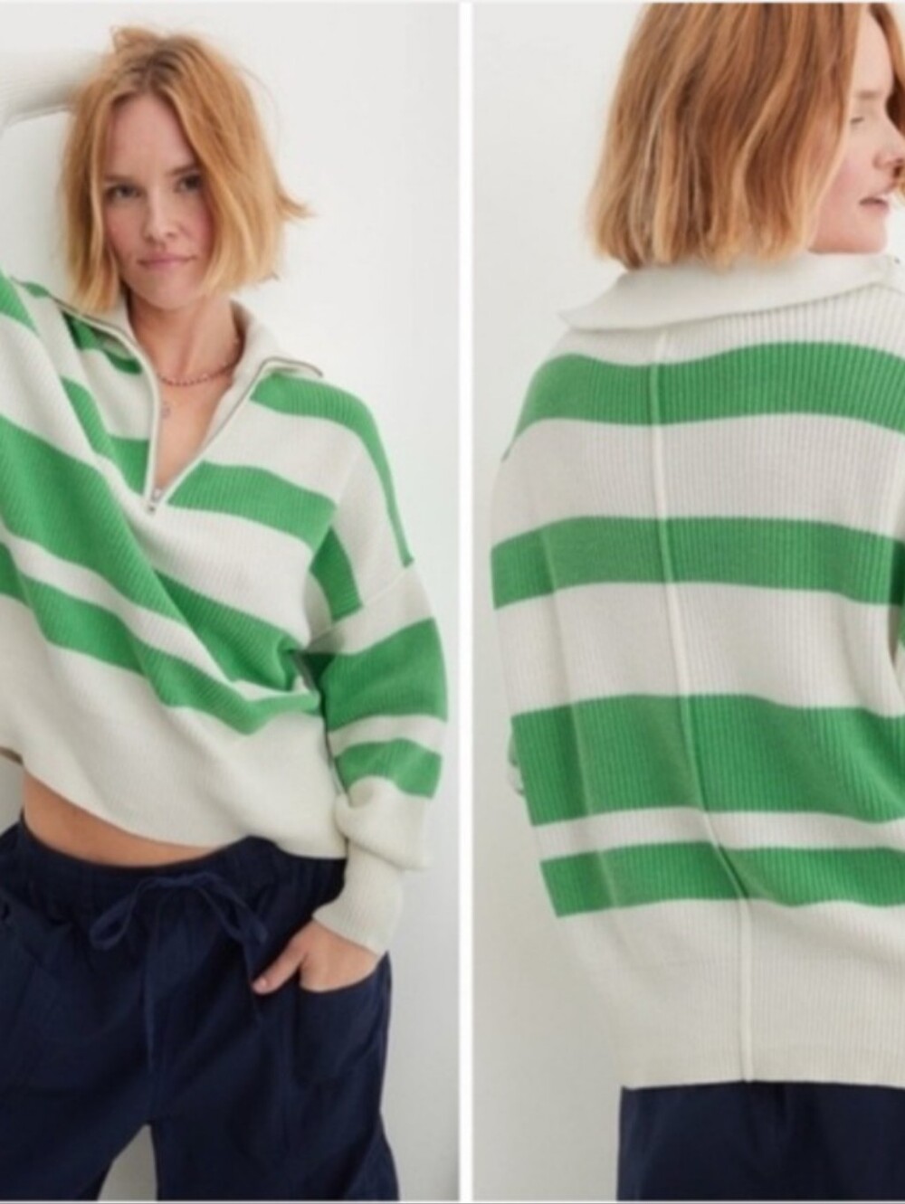 Aerie Beyond Quarter Zip Varsity Striped Sweater Size Medium